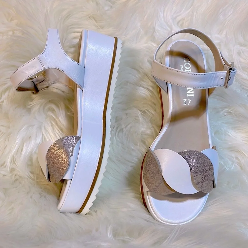 NIB Cordani Calzature pure white open toe ankle str flatform leather gold 37 / 7